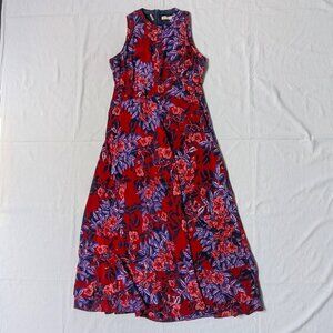 Rebecca Taylor Red/Multi Floral Print Sleeveless Midi Ruffle Dress Size 6